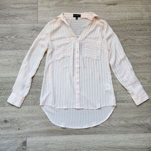 My Michelle Pink White Striped Shirt Womens Xs Long Rolled Sleeves Sheer